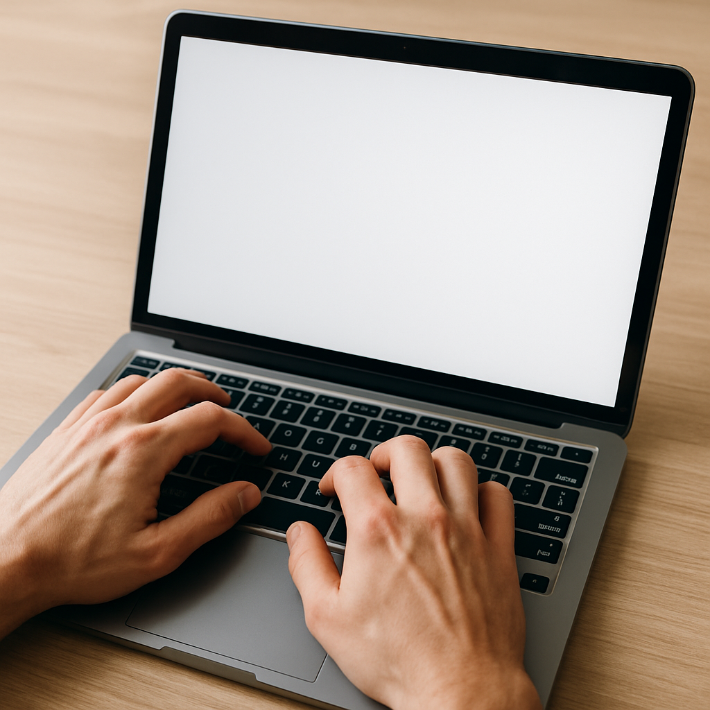 A picture of hands typing on a laptop keyboard. The screen is white